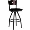 BFM Seating Darby Sand Black Metal Bar Height Chair With Mahogany Wooden Back And 2" Black Vinyl Swivel Seat