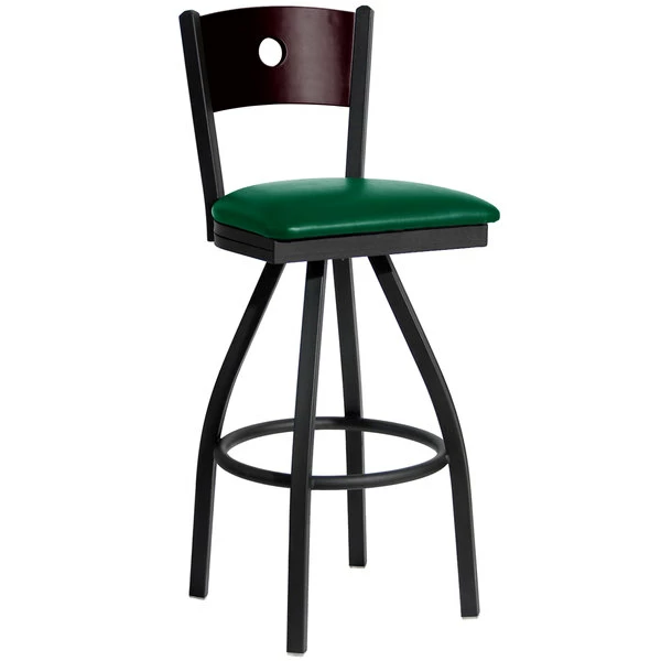 BFM Seating Darby Sand Black Metal Bar Height Chair With Mahogany Wooden Back And 2" Green Vinyl Swivel Seat 1 BFM Seating Darby Sand Black Metal Bar Height Chair With Mahogany Wooden Back And 2" Green Vinyl Swivel Seat