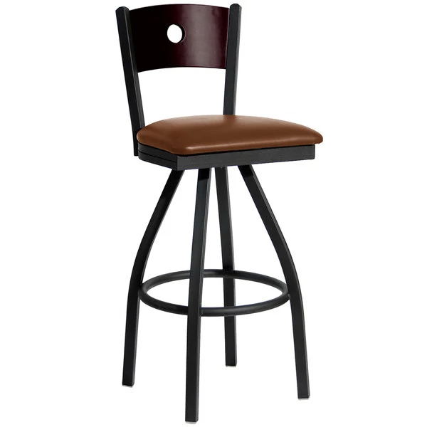 BFM Seating Darby Sand Black Metal Bar Height Chair With Mahogany Wooden Back And 2" Light Brown Vinyl Swivel Seat 1 BFM Seating Darby Sand Black Metal Bar Height Chair With Mahogany Wooden Back And 2" Light Brown Vinyl Swivel Seat
