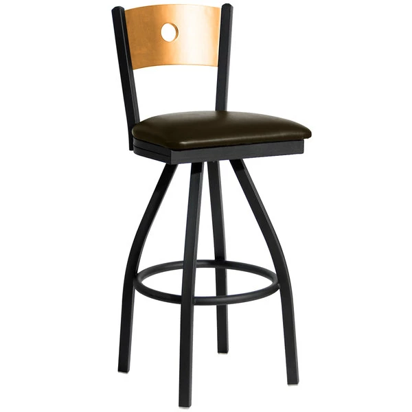 BFM Seating Darby Sand Black Metal Bar Height Chair With Natural Wooden Back And 2" Dark Brown Vinyl Swivel Seat 1 BFM Seating Darby Sand Black Metal Bar Height Chair With Natural Wooden Back And 2" Dark Brown Vinyl Swivel Seat