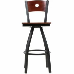 BFM Seating Darby Sand Black Metal Bar Height Chair With Mahogany Wooden Back And Swivel Seat -Lancaster Table & Seating Shop 816611