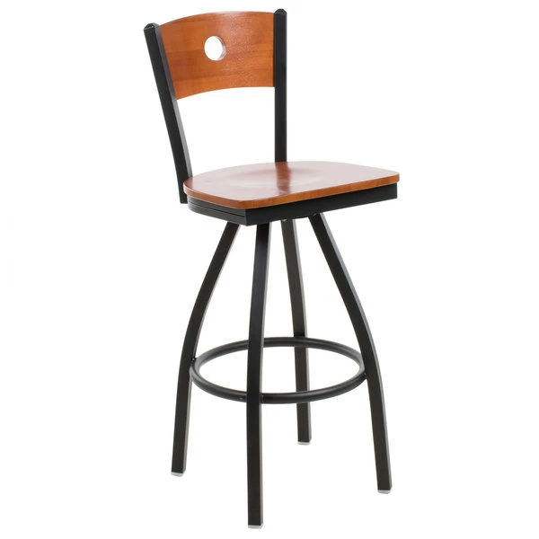 BFM Seating Darby Sand Black Metal Bar Height Chair With Cherry Wooden Back And Swivel Seat 1 BFM Seating Darby Sand Black Metal Bar Height Chair With Cherry Wooden Back And Swivel Seat