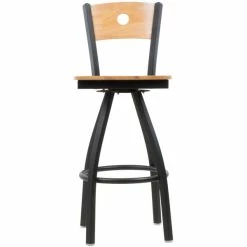 BFM Seating Darby Sand Black Metal Bar Height Chair With Natural Wooden Back And Swivel Seat -Lancaster Table & Seating Shop 817786