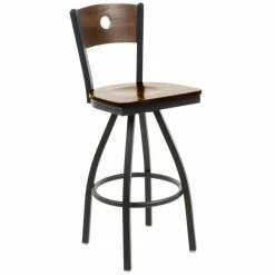BFM Seating Darby Sand Black Metal Bar Height Chair With Walnut Wooden Back And Swivel Seat